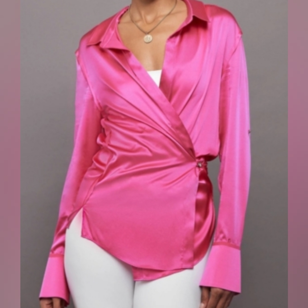 NWT SER.O.YA Retrofête Raines Silk Wrap Collared Blouse Size S in Fuchsia